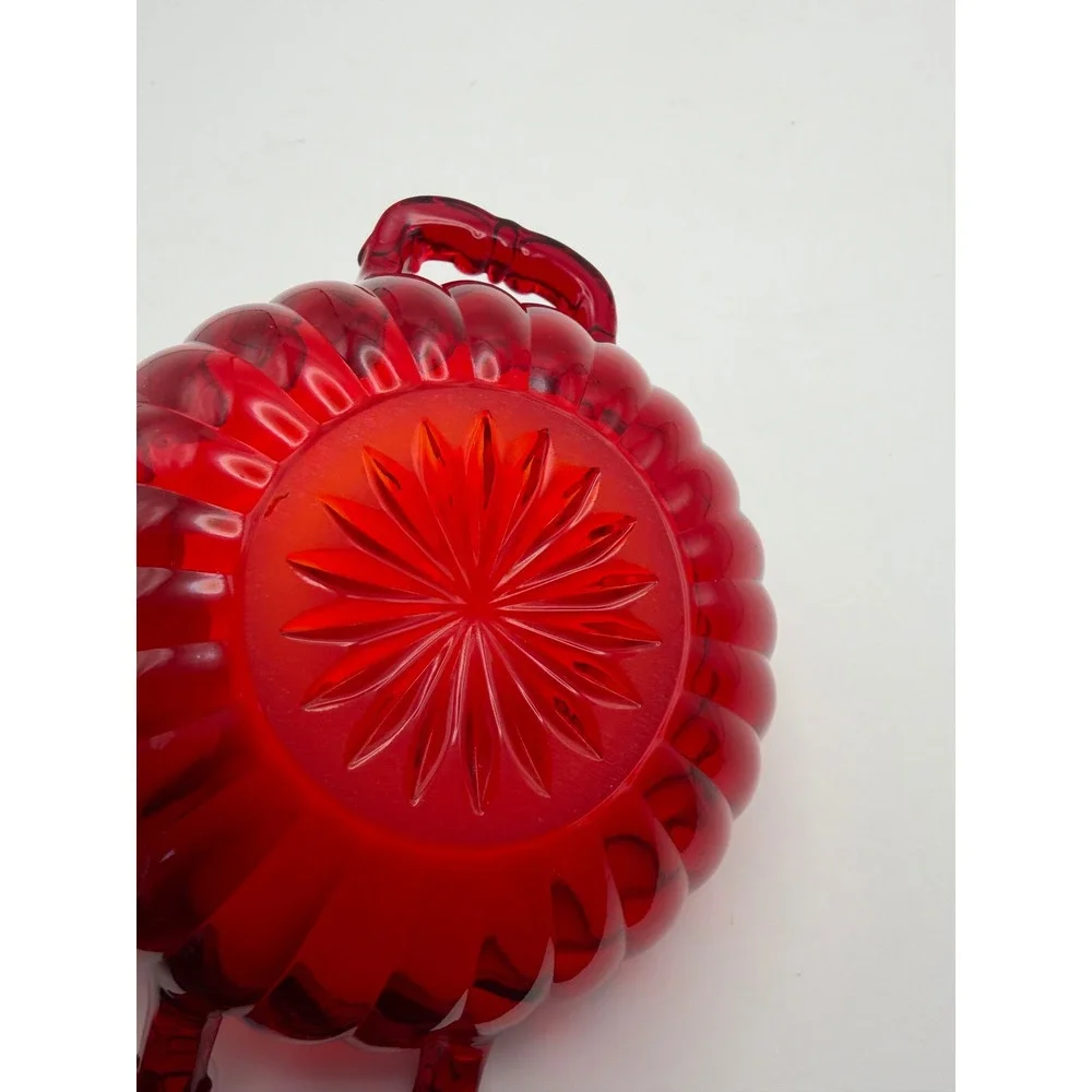 Vintage Ruby Red Glass Double Handled Candy Dish Bowl Starburst Base 6.25